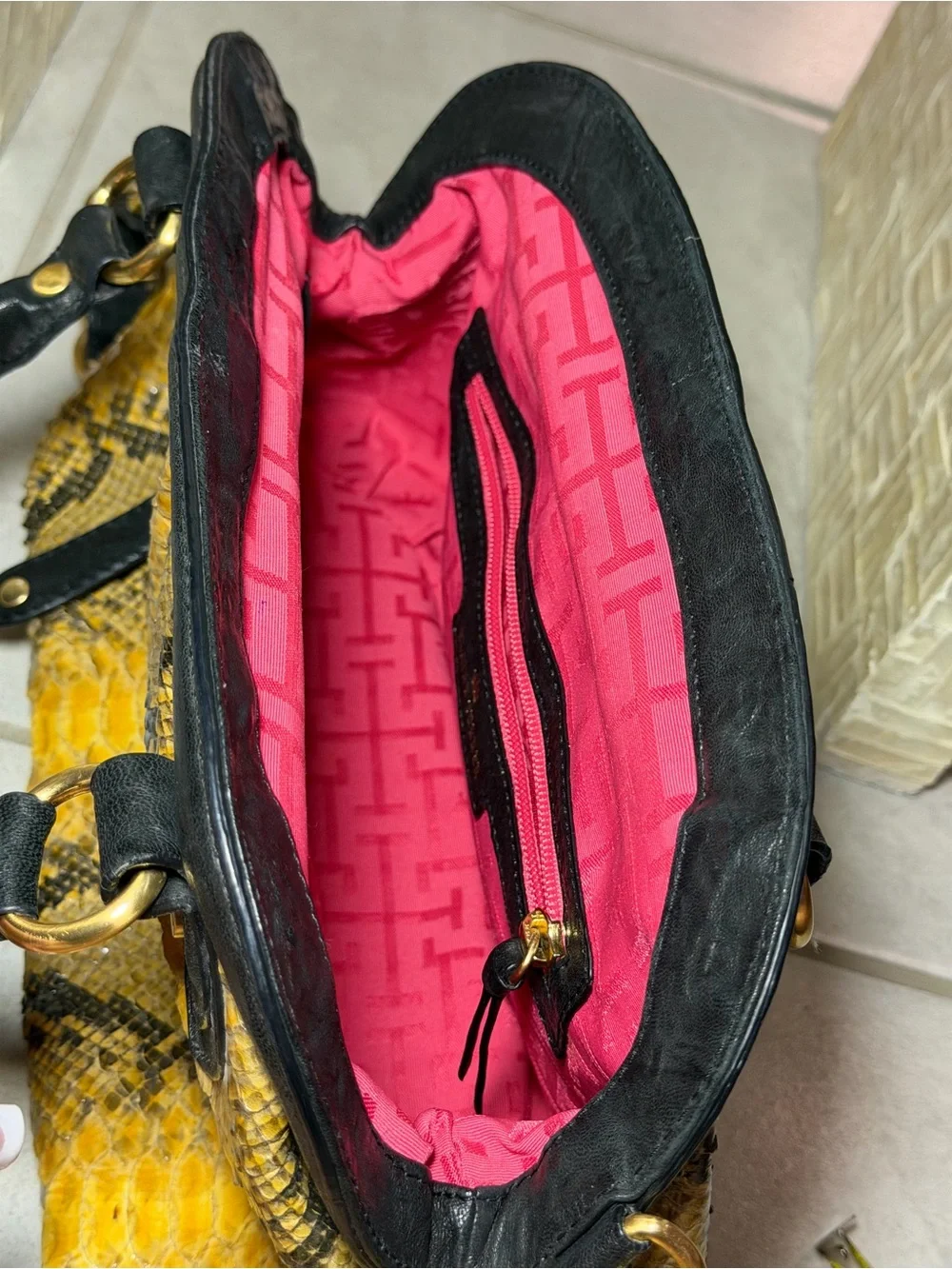 Elaine Turner Yellow Retro Snake-Print Satchel Handbag with Black Trim